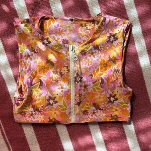 Stone Fox Swim Floral Zip Front Crop Top in Pink, Orange, Yellow